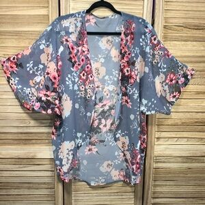 Kimono Floral Open Front 3/4 Sleeve Cardigan Size Medium Pink Gray White Black